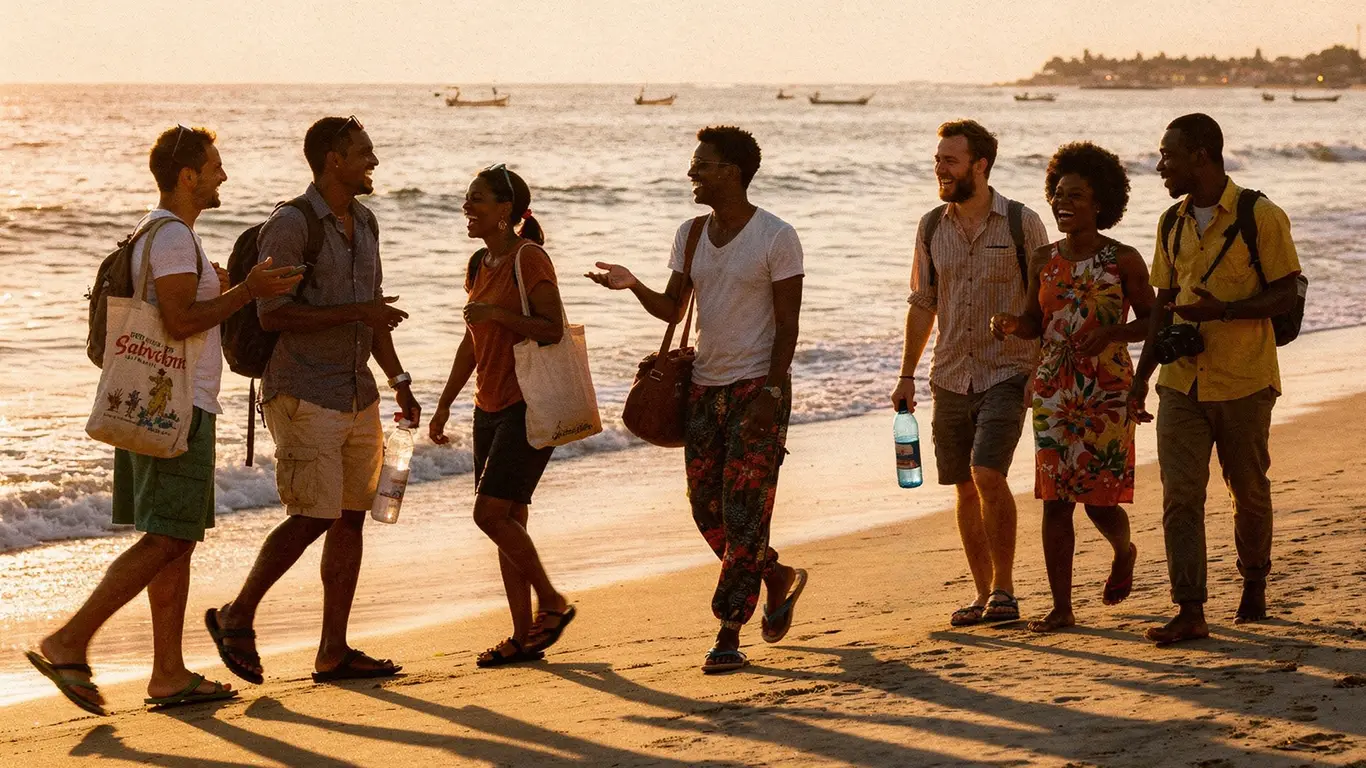 Friends walking by the beach